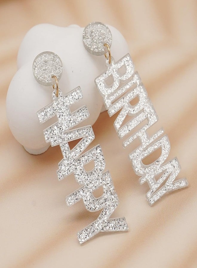 Wovanoo Happy Birthday Earrings Glitter Drop Dangle Earrings for Women Silver - Image 5
